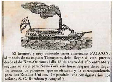 Anuncio de salida de vapores en 1849.