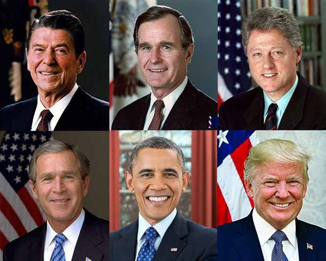 De izquierda a derecha, arriba: Ronald Reagan, George H. W. Bush y Bill Clinton. Debajo: George W. Bush, Barack Obama y Donald Trump.